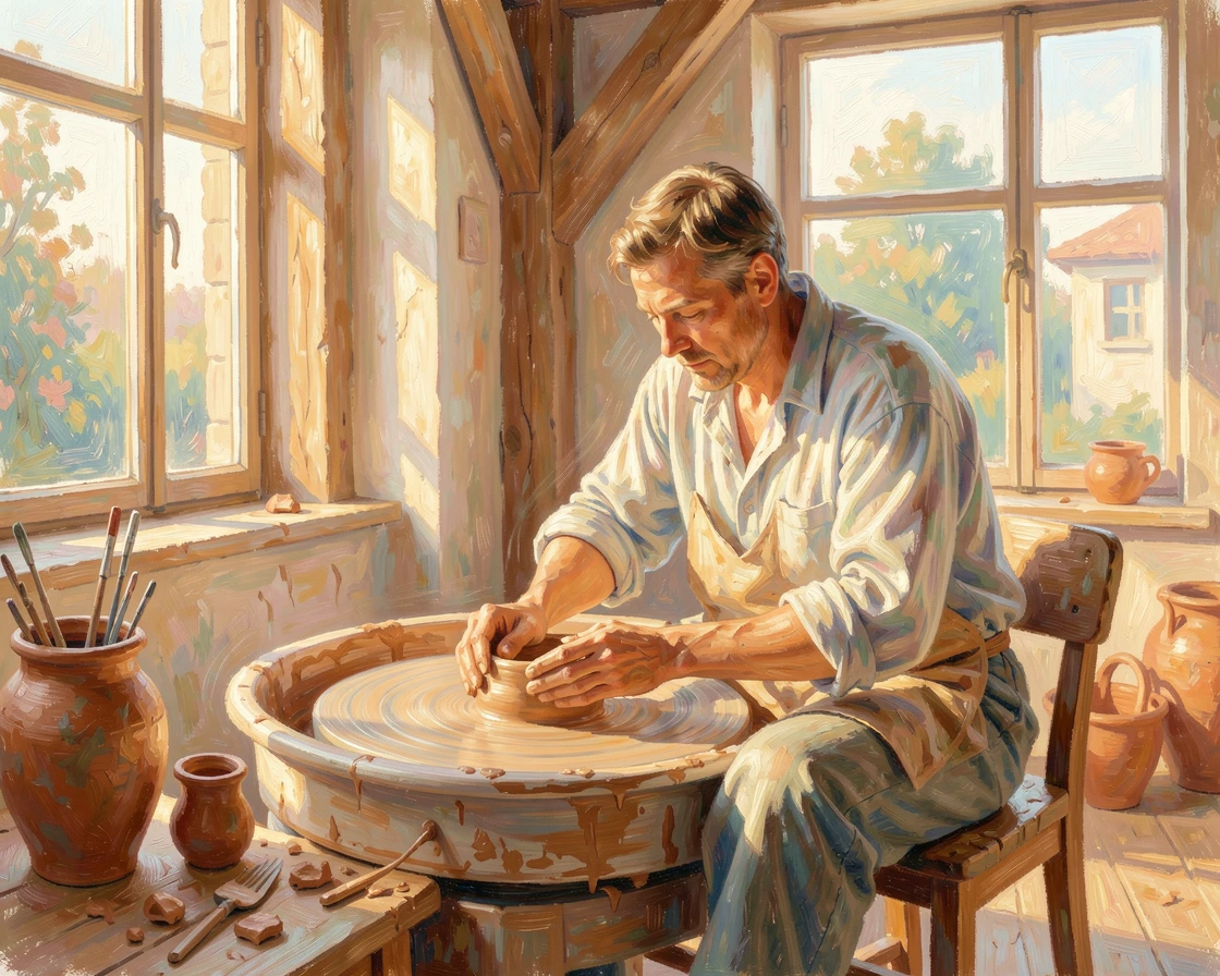 A craftsman shaping clay on a pottery wheel, focused and calm in a sunlit studio, as the first light of dawn breaks.