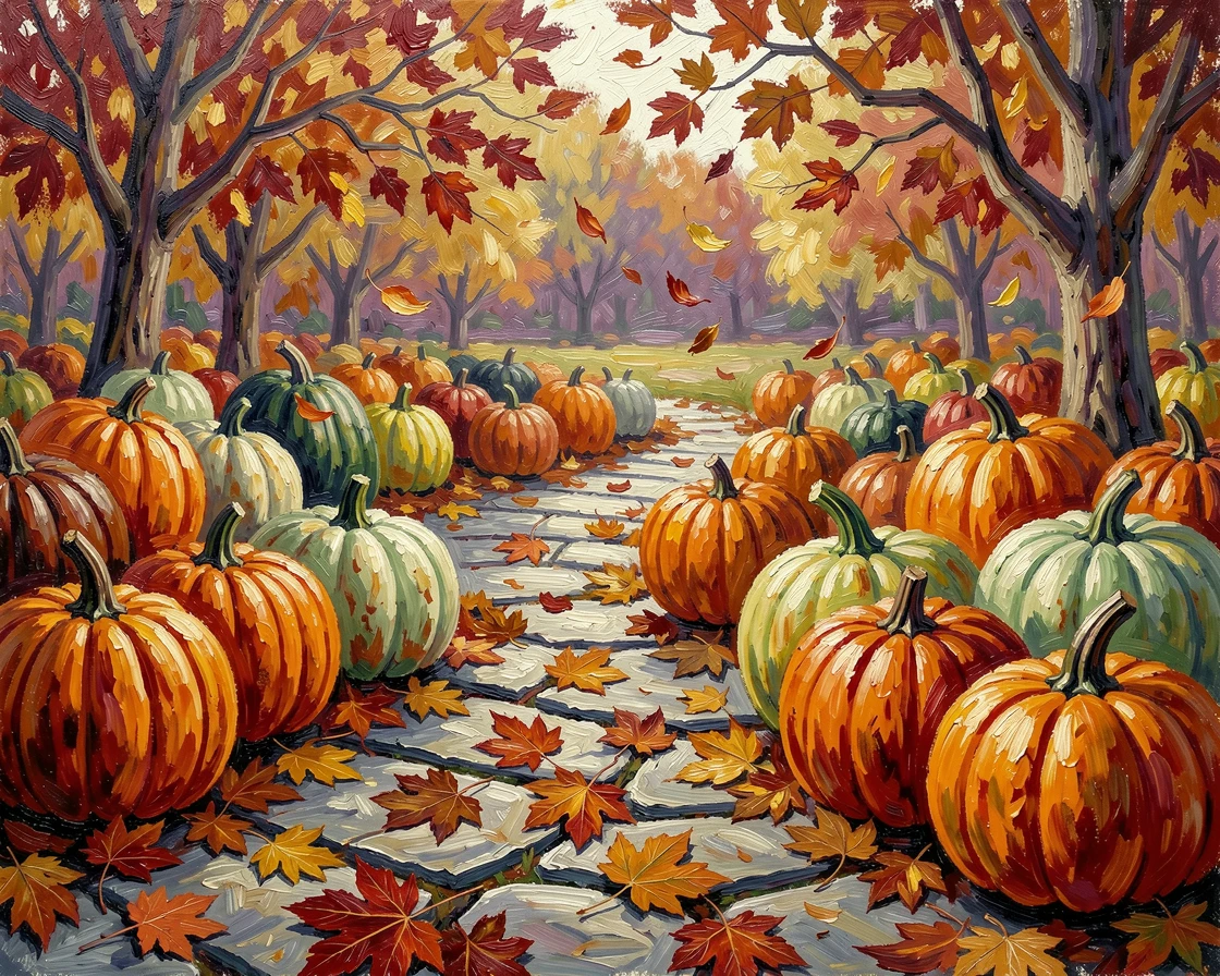 A autumn garden with pumpkins, gourds, and falling leaves scattered across a stone path.