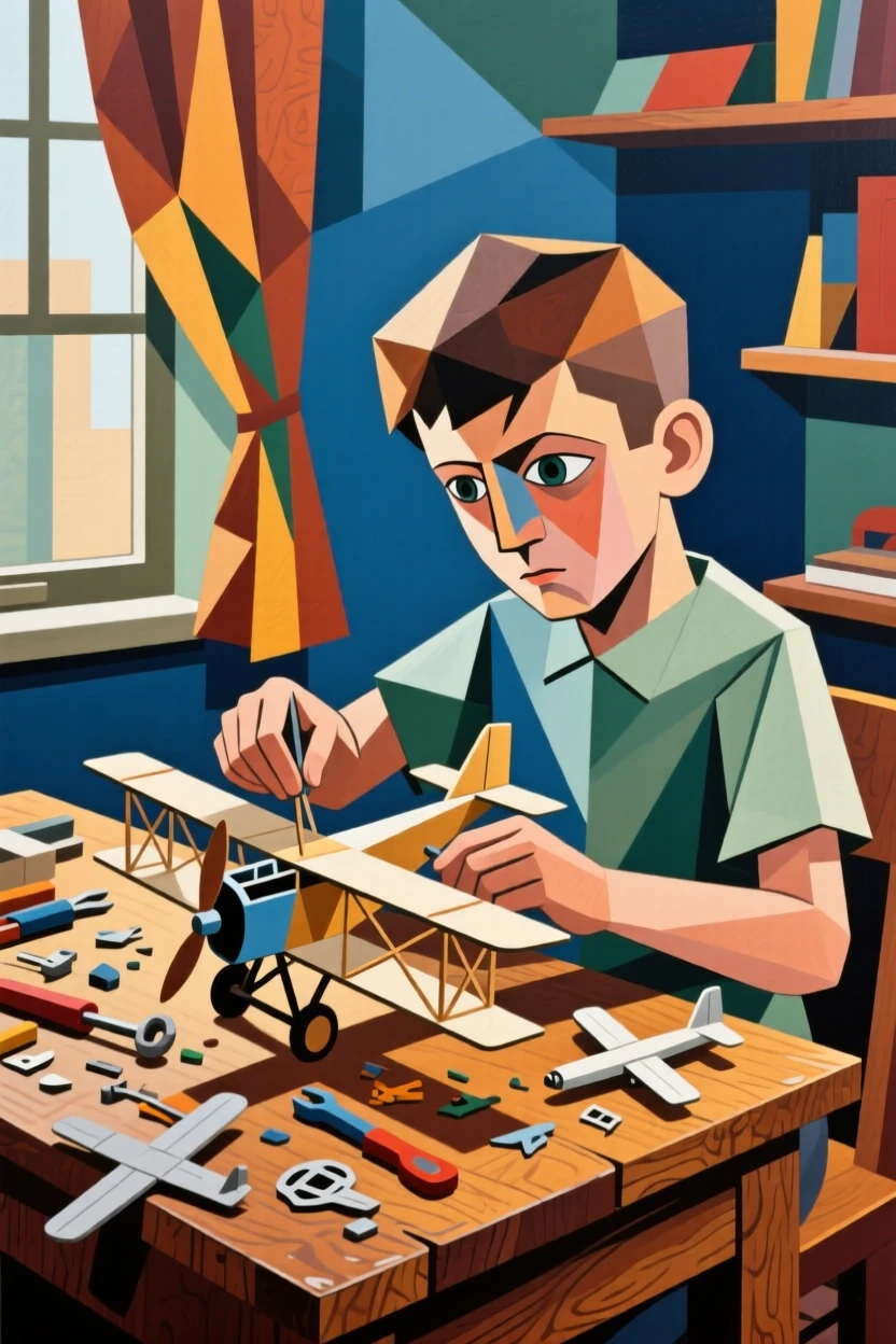 A young boy building a model airplane at a cluttered wooden desk.