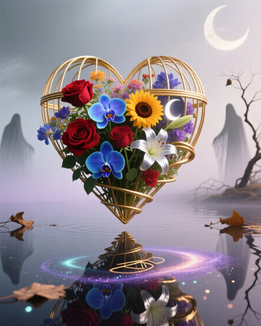 A heart-shaped cage slowly filling with blooming flowers hovers weightlessly above a calm, reflective surface, as everything else fades quietly into muted color.