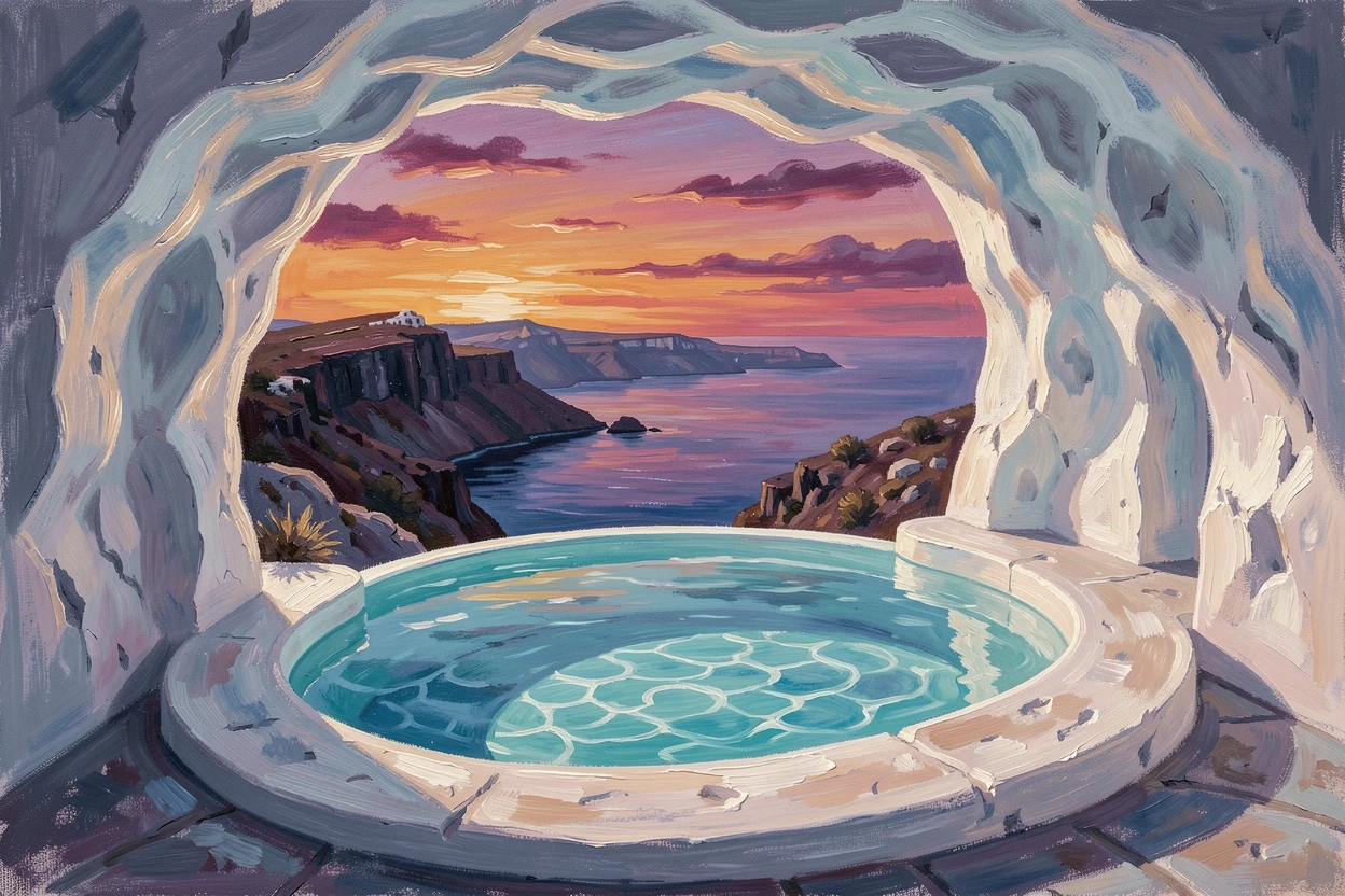 A luxurious Santorini cave suite shows a private plunge pool carved into whitewashed rock, overlooking the caldera and glowing sunset sky, the changing light of the hour casting long shadows that add depth to every surface.