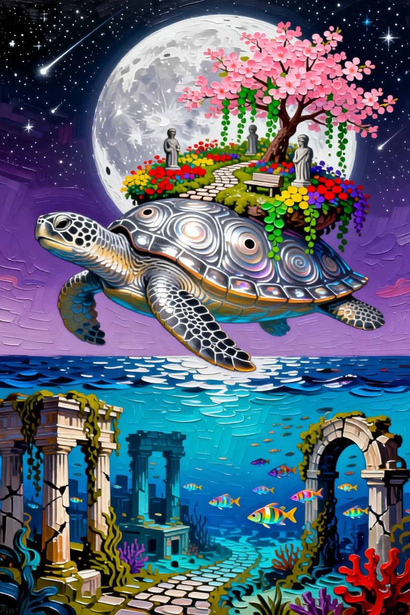 a colossal moon turtle carrying a floating garden soaring above an ancient sunken city