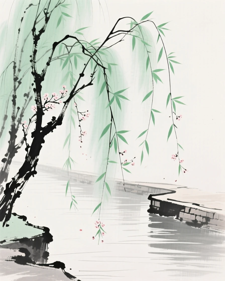 Willow branches sway with fresh green leaves along a canal, as a gentle breeze carries the scent of blossoms.