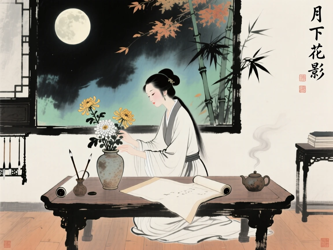 A woman arranging flowers in a quiet study, in late autumn, under a full moon.