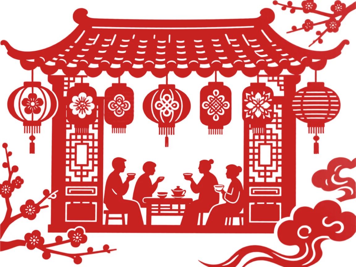 A row of red lanterns lining the eaves of an old teahouse, patrons visible through its open lattice windows