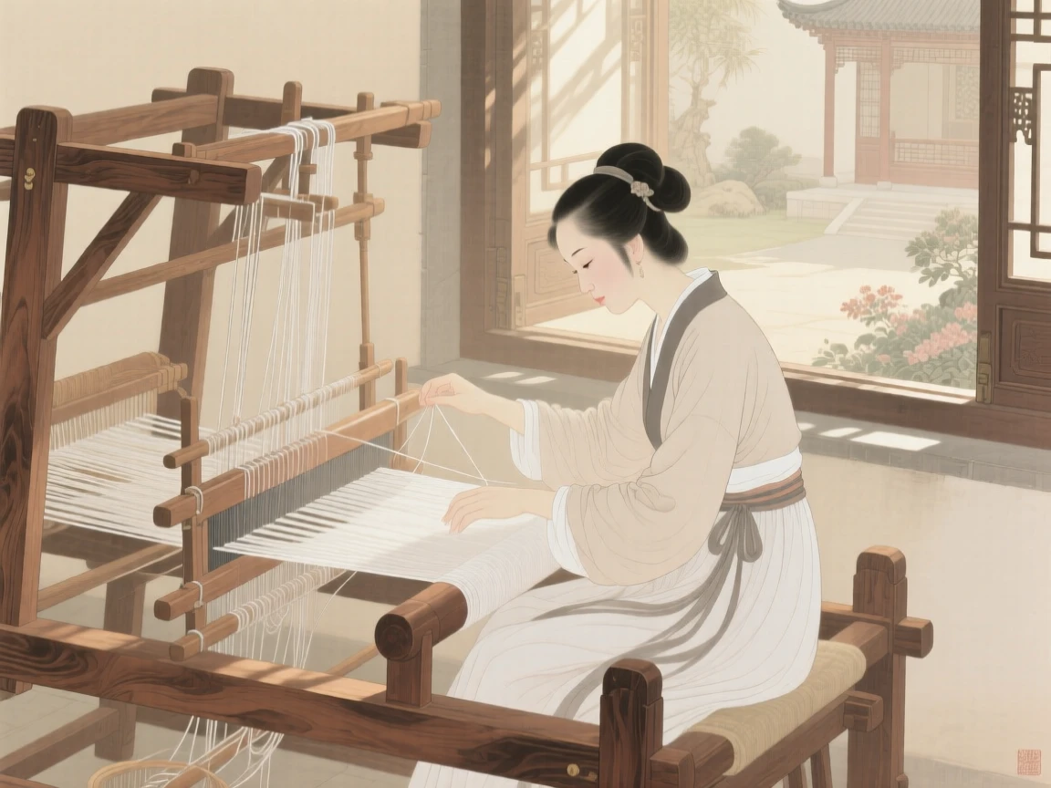 A weaver working at a wooden loom beside a sunny window