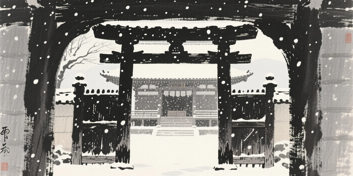 A weathered wooden temple gate beneath a canopy of falling snow, framed through an archway or gate for depth, capturing a serene blend of nature and human presence.