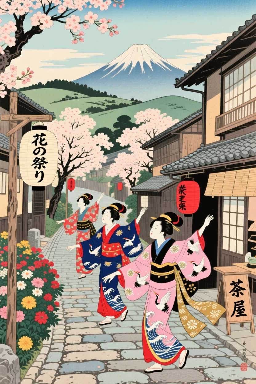 Costumed dancers moving through a flower-lined village street.