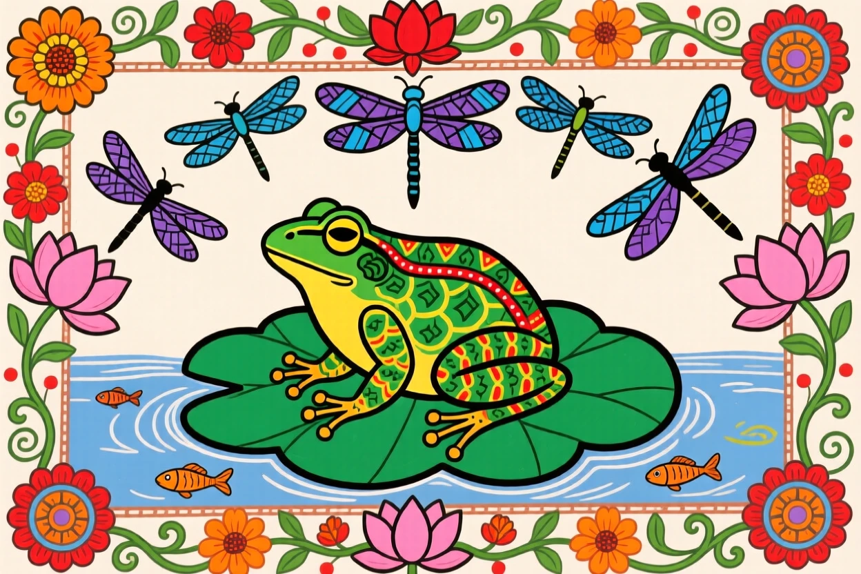 A frog perched on a lily pad beneath a canopy of dragonflies.