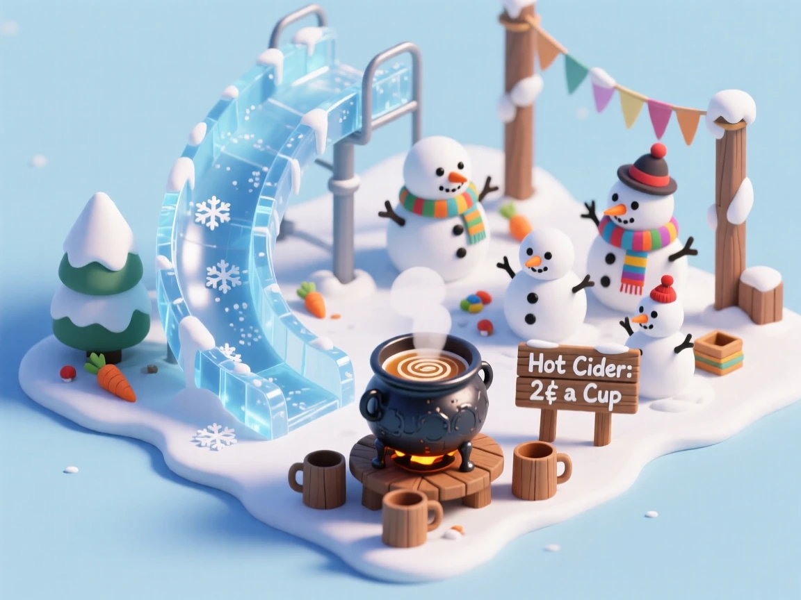 A winter carnival with an ice slide, a snowman-building contest, and hot cider served from a steaming cauldron.