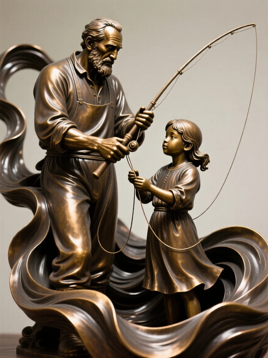 A fisherman teaching his daughter to cast a line, amid a swirl of dramatic drapery, forming a strong central focal point