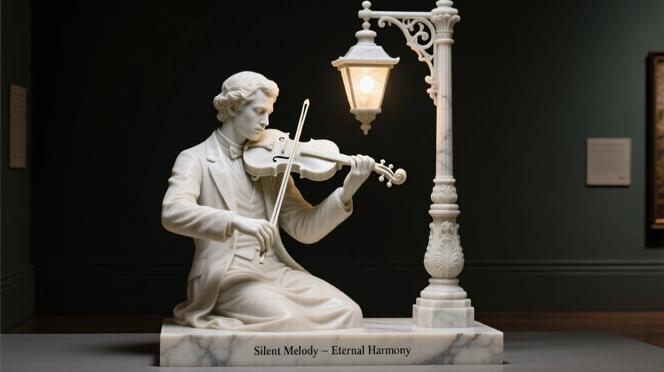 An evocative depiction of a violin player performing beneath a streetlamp, in a moment of quiet stillness, balancing detail with emotional depth