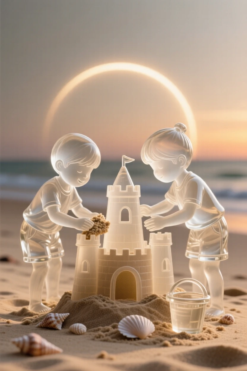 With warm light glowing softly in the background, two children building a sandcastle together on a quiet beach