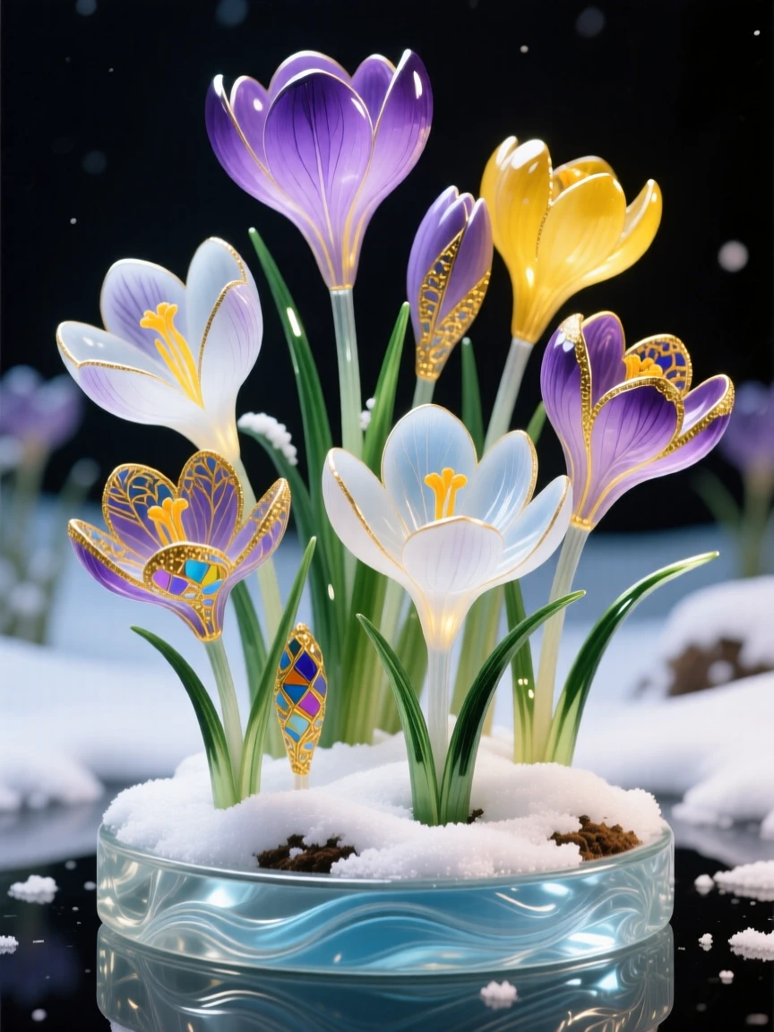 A field of blooming crocuses breaking through the last patches of winter snow, hopeful and delicate.
