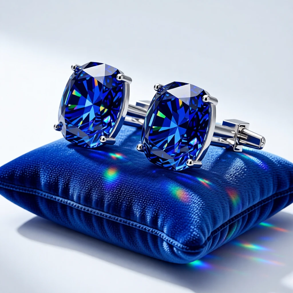 A luxury cufflink set with sapphire inlays displayed on a velvet cushion.