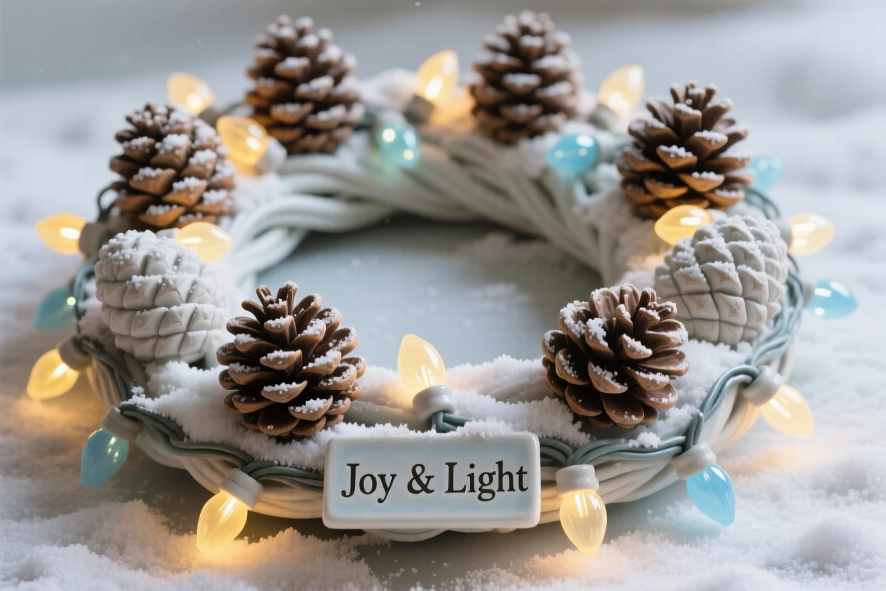A snow-dusted pinecone wreath framed by twinkling holiday lights, dotted with tiny twinkling lights, conveying warmth, celebration, and delight.