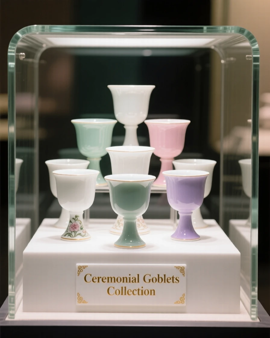 A collection of ceremonial goblets arranged in a glass display case, softly lit to highlight fine detail.