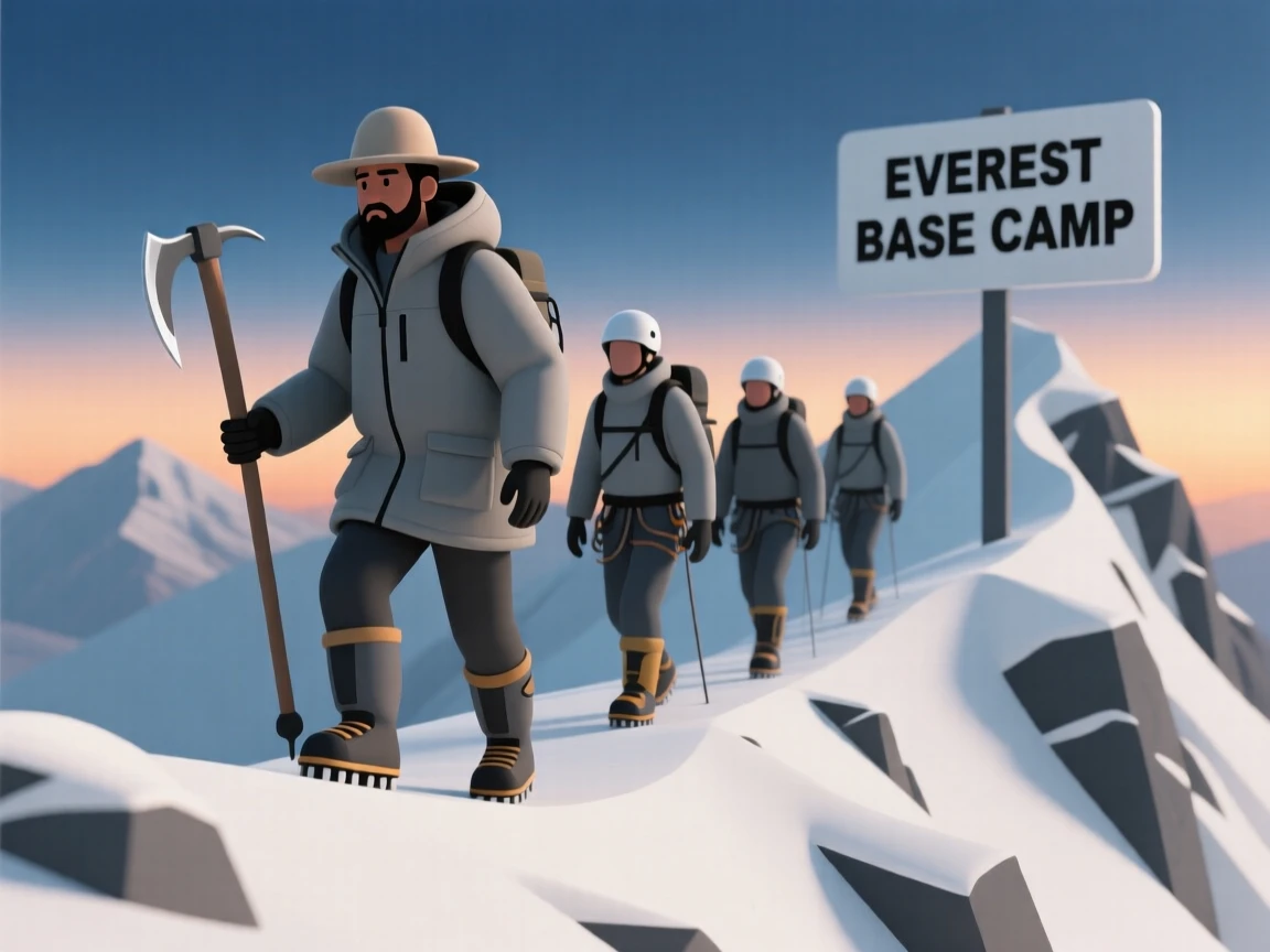 A determined Nepalese Sherpa guide leads a team of climbers up a snowy Himalayan ridge at dawn.
