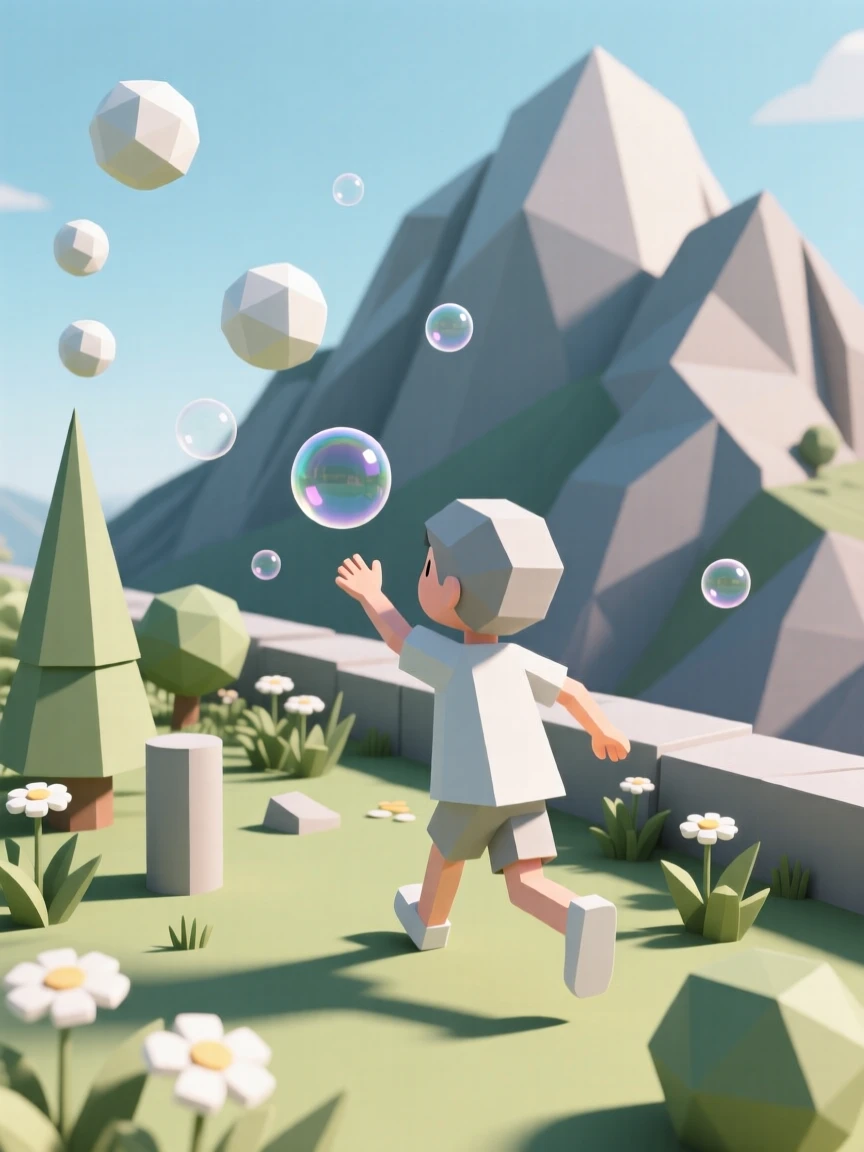 A child chasing bubbles in a sunny garden, atop a mountain overlook. natural light enhances the authenticity of the scene. It captures a feeling of quiet triumph.