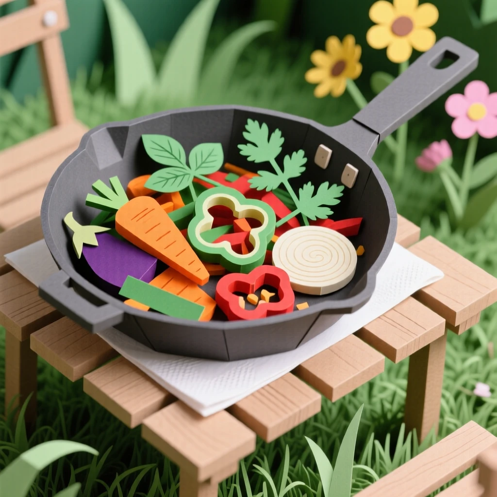 A sizzling skillet of stir-fried vegetables served at an outdoor garden table, with fresh herbs scattered on top, evoking comfort and rich flavor.