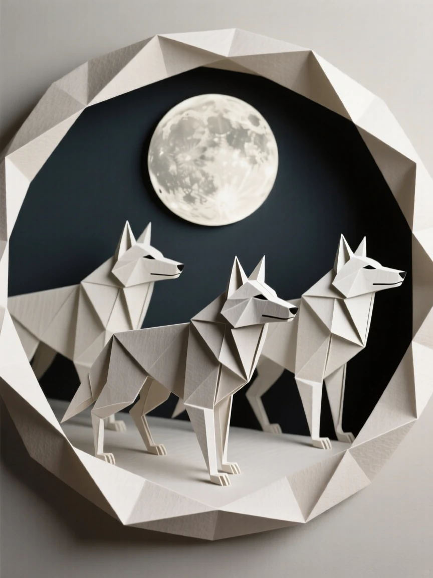 A stylized wolf pack silhouette arranged beneath a full moon in a circular frame.