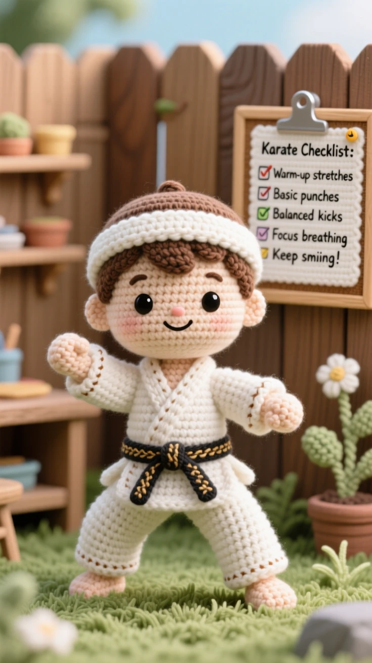 a small boy practicing karate, in a crisp white uniform, holding a focused, balanced stance, in a quiet backyard workshop, with a cheerful checklist pinned to a board, radiating joyful discovery and playful learning.