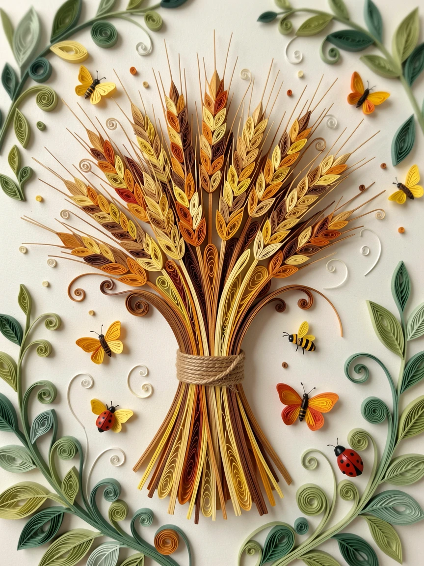 A serene botanical study of a bundle of autumn wheat tied with twine in an overgrown secret garden corner, surrounded by drifting pollen and tiny insects, framed by soft out-of-focus greenery.