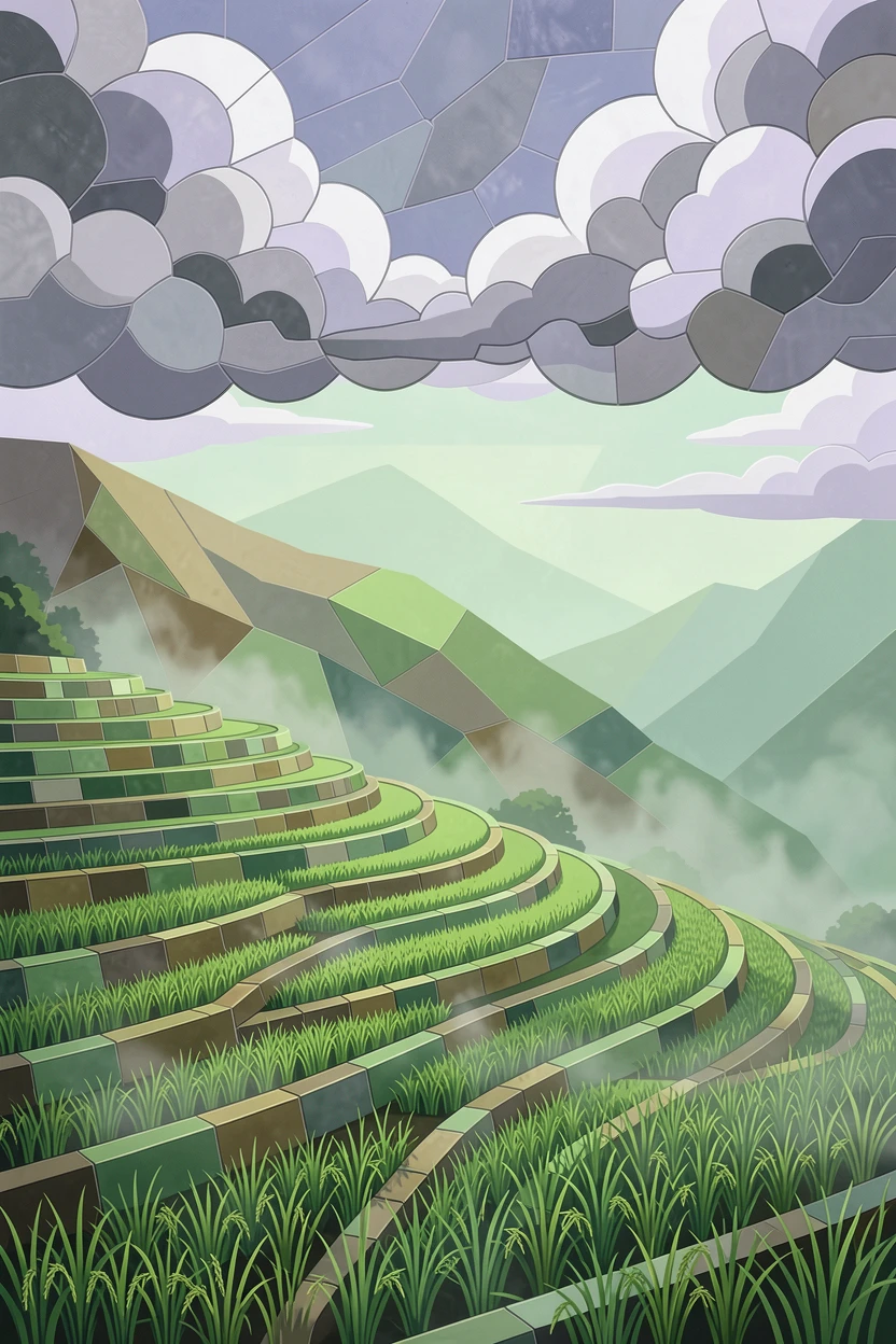 A wide panoramic view of terraced rice paddies climbing a misty mountainside in soft green light, with dramatic clouds and rich natural color.