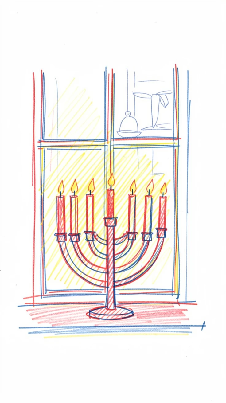 A quiet Hanukkah celebration with a menorah glowing in a window