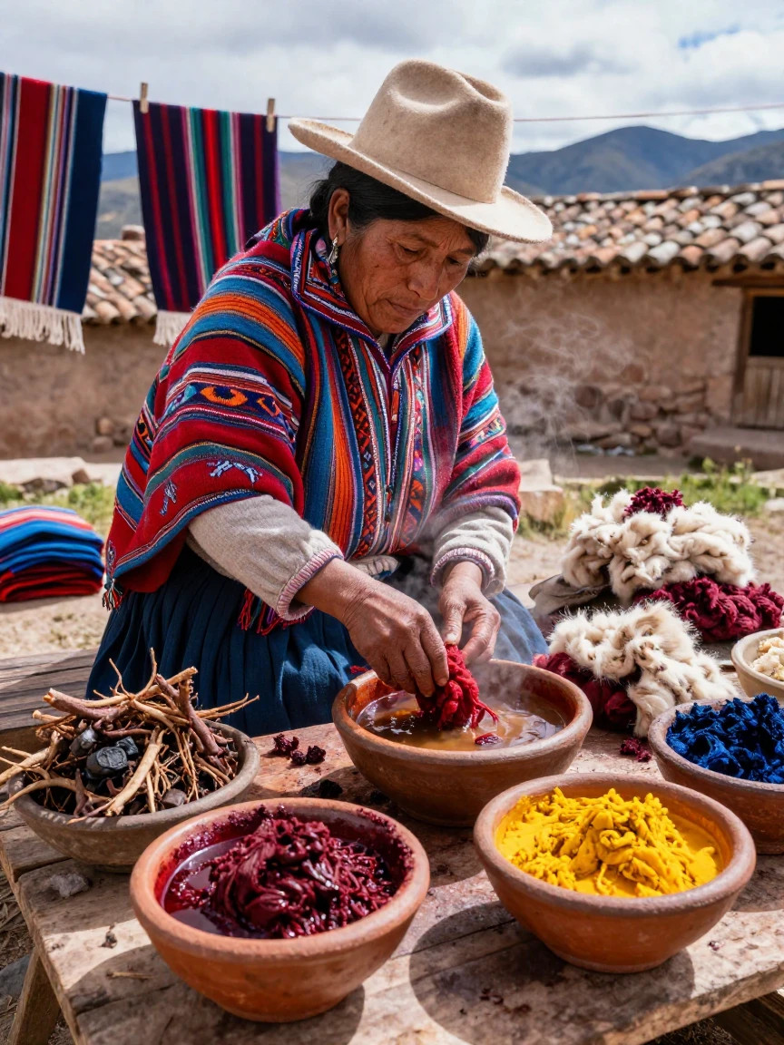 A traditional Peruvian weaver dyeing wool with natural pigments