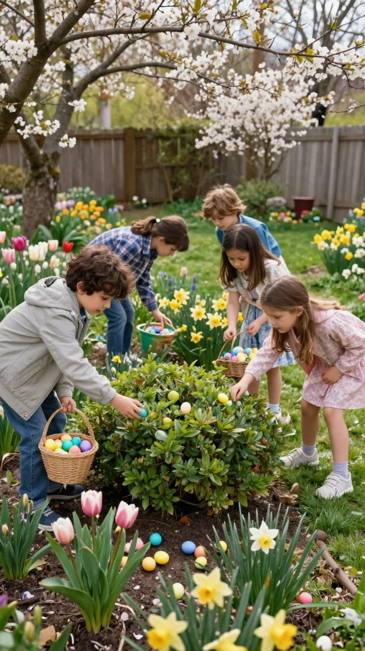Children hunt for painted eggs hidden throughout a blooming spring garden.