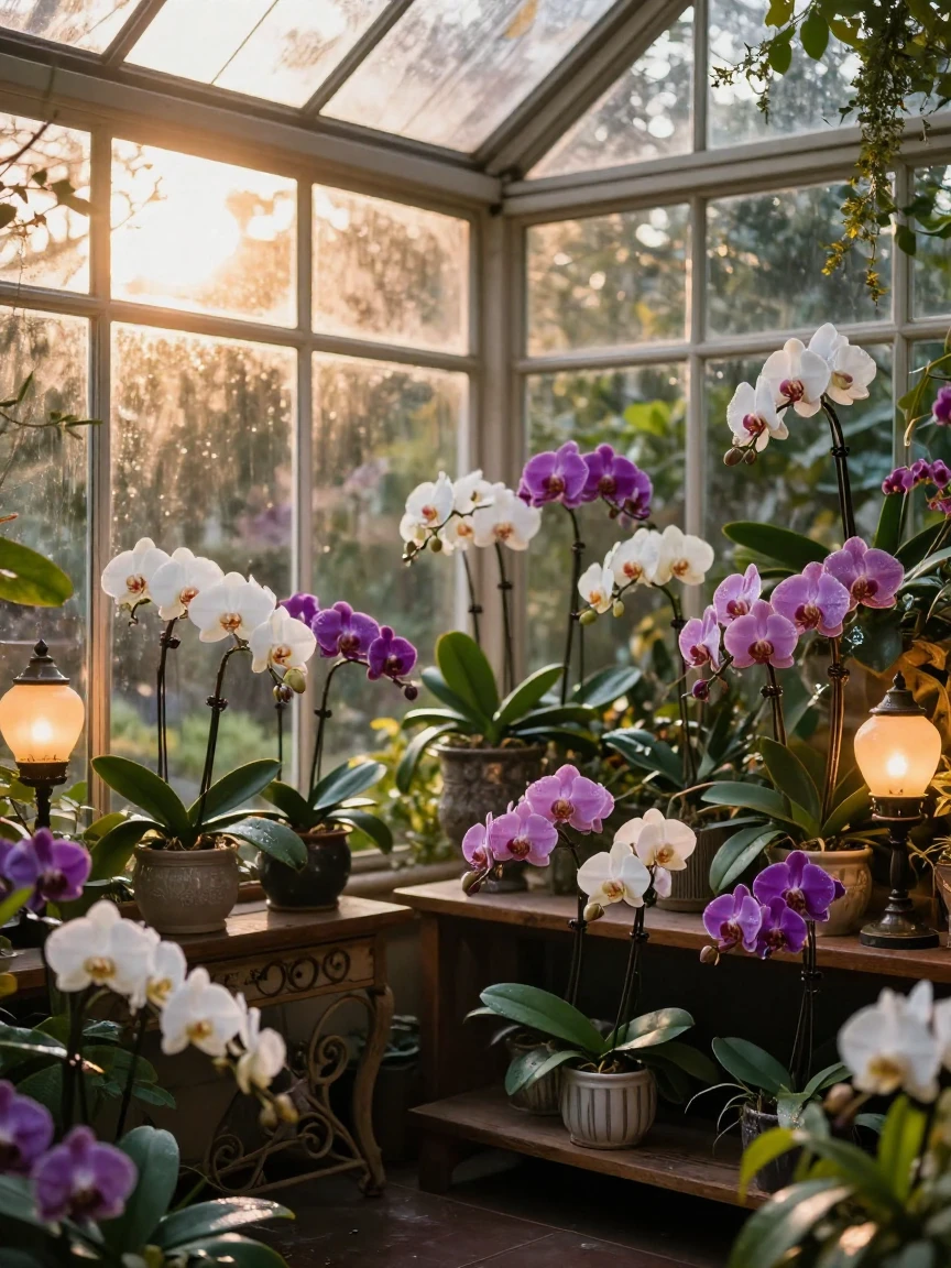 A sunlit conservatory filled with blooming orchids under the soft glow of evening lamps