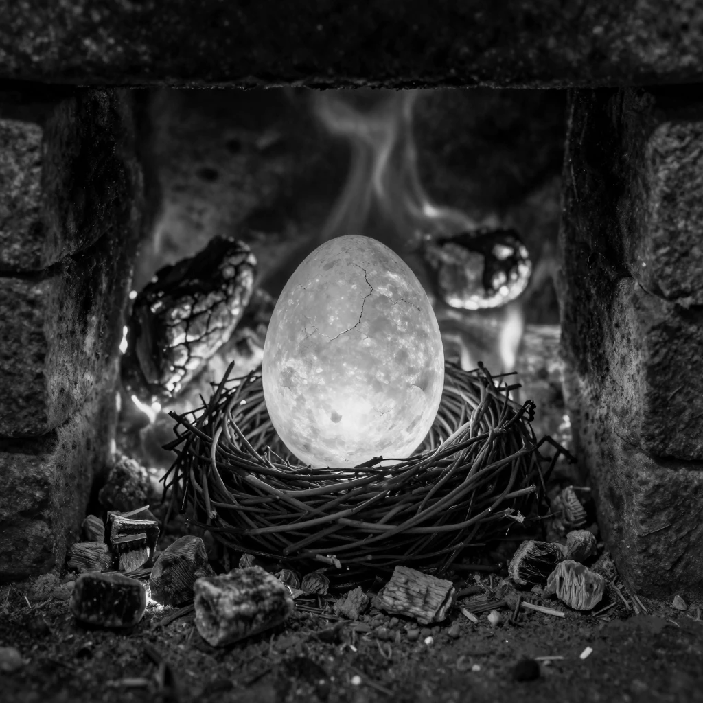 A phoenix egg glows faintly atop a nest of embers beside a smoldering hearth.