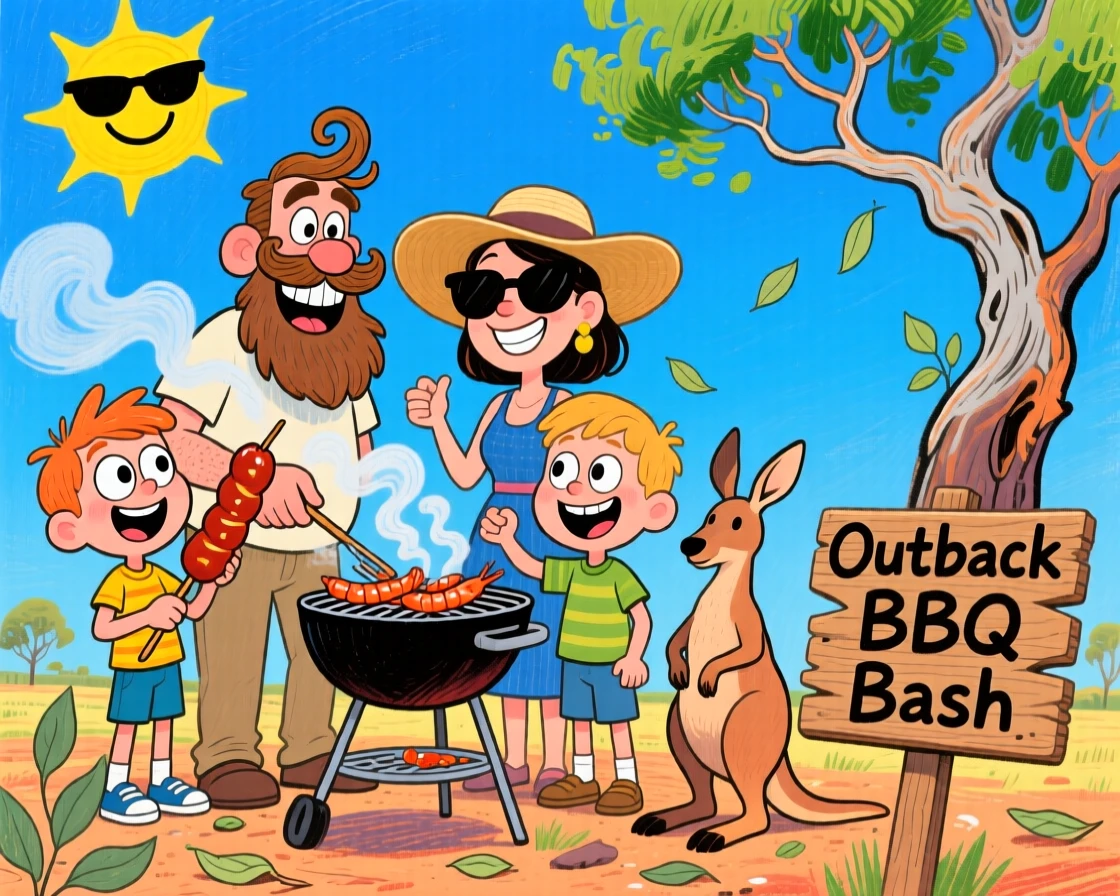 A family celebrating a traditional Australian outback barbecue under a wide open sky.