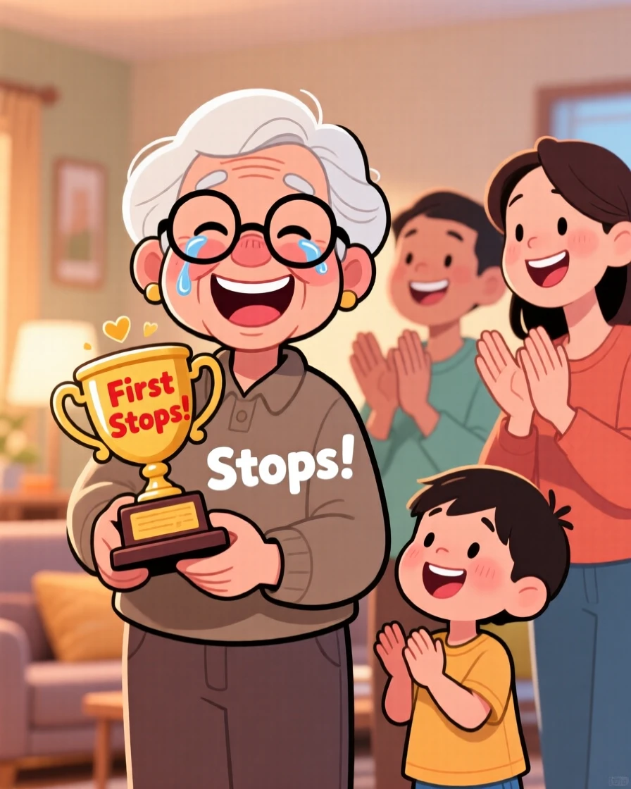 A heartwarming moment depicting a proud grandparent celebrating a small but meaningful milestone, surrounded by loved ones cheering quietly.