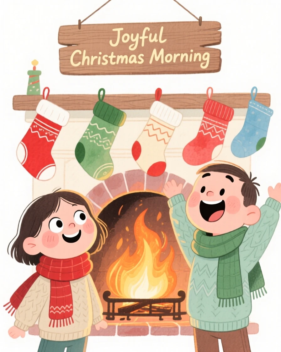 A joyful celebration scene of a cozy Christmas morning with stockings by a crackling fireplace, filled with warmth and laughter
