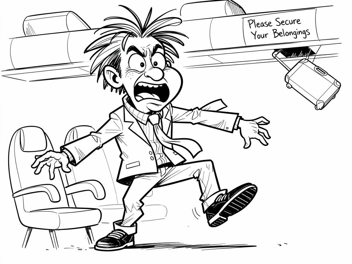 [Funny & Exaggerated Situations] Comical scene of a flustered airplane passenger tripping over their own feet, exaggerated for maximum laughs