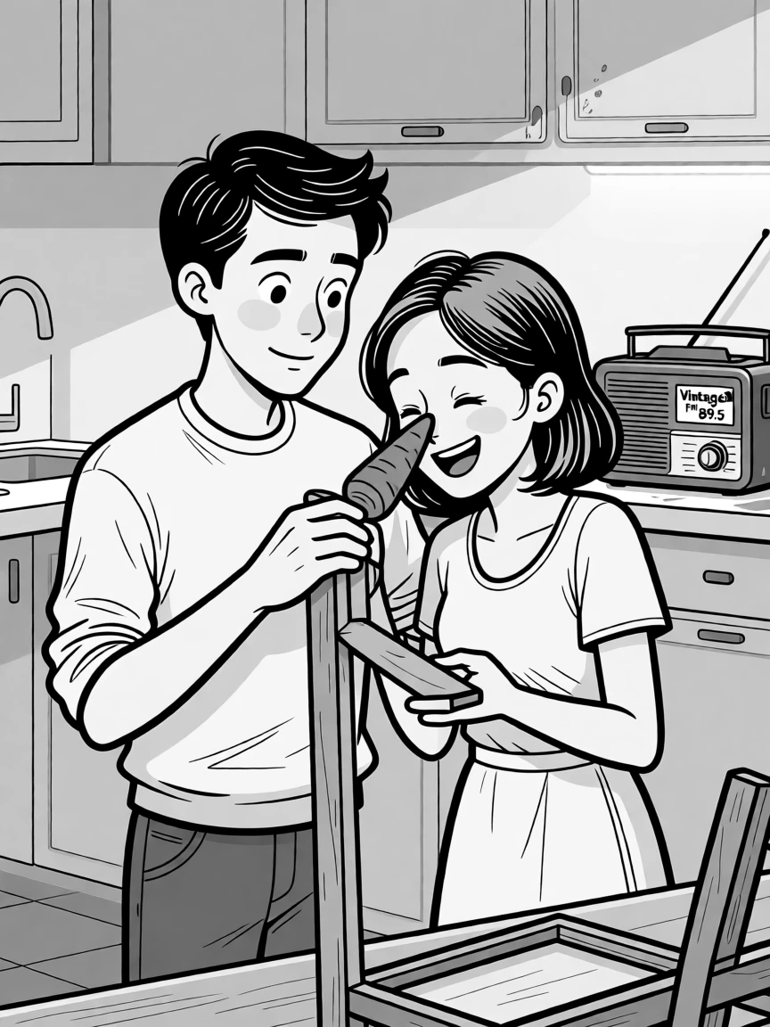 A couple trying to assemble furniture from confusing instructions, sticking a crooked carrot nose on together, set in a warmly lit kitchen after hours. A paint-stained radio plays faintly in the background. It radiates warmth, laughter, and quiet devotion.