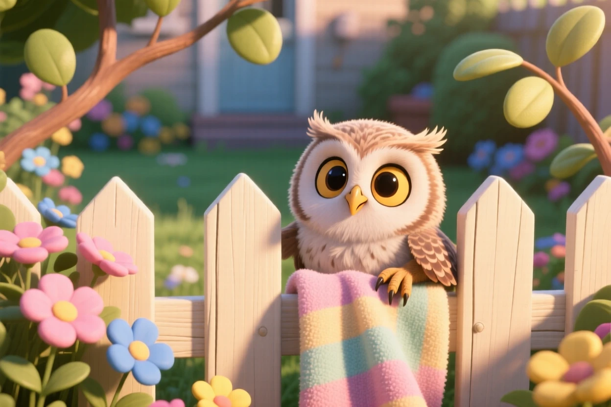 A fuzzy baby owl is peeking through a garden fence, nuzzling against a soft blanket. A quiet, comforting sweetness surrounds the scene, with its whiskers twitching gently.