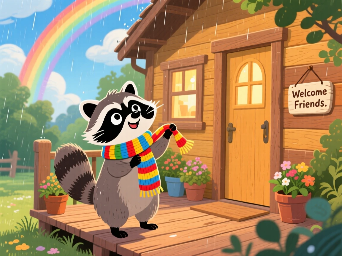 A mischievous raccoon pauses from wearing a tiny knitted scarf to look up in a cottage porch, with a rainbow arching in the distance.