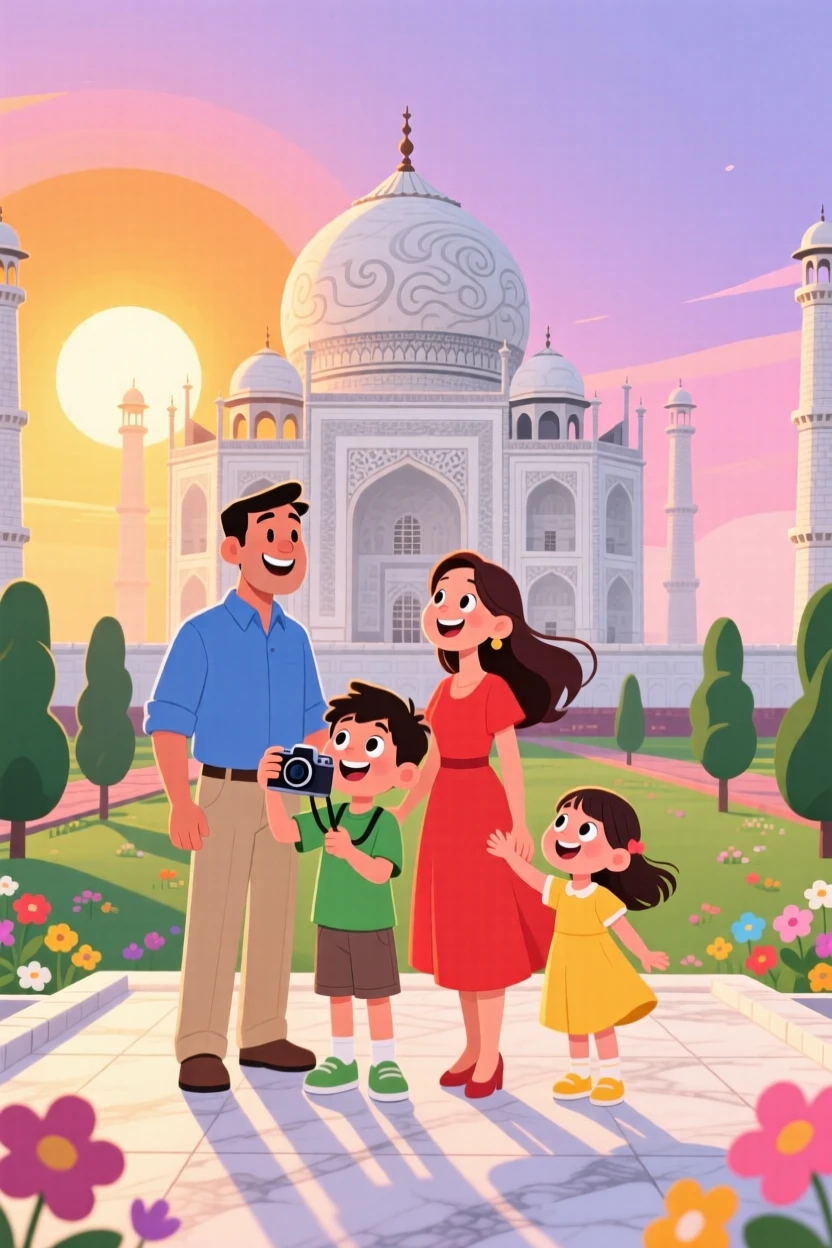 A family admiring the intricate domes of the Taj Mahal at sunrise.