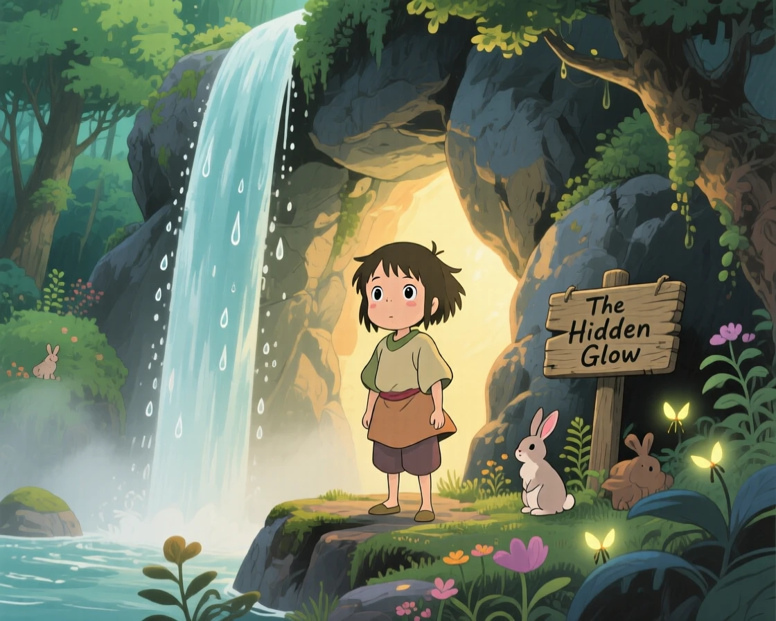 A child discovering a glowing cave hidden behind a waterfall, the moment quietly triumphant.