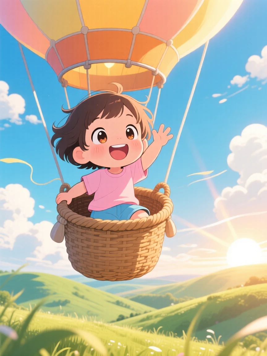 In a sky full of fluffy clouds over rolling hills, a small child is waving from a hot air balloon basket during a light summer breeze, bathed in rays of sunrise breaking through clouds, expression full of giggling amusement. Shot as a worm's-eye view.
