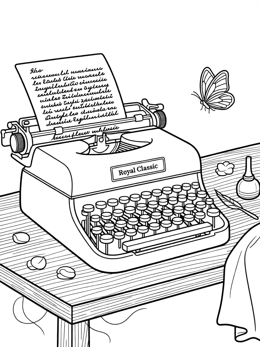 A vintage typewriter beside a half-written letter, with a butterfly resting on one of the petals.