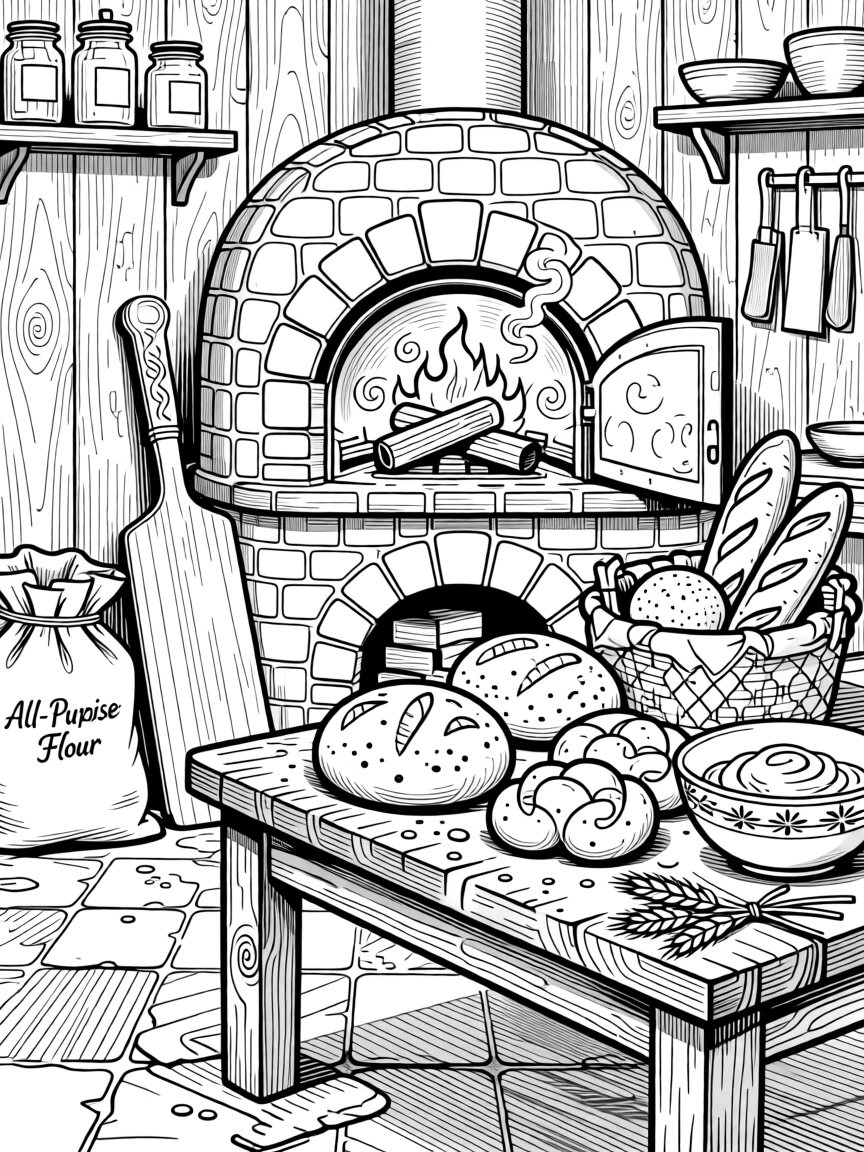 A rustic bread-baking scene with a wood-fired oven and flour-dusted loaves.