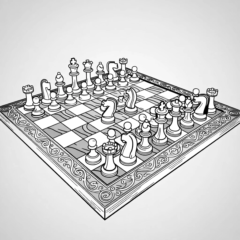 A chess set arranged mid-game on an ornate wooden board