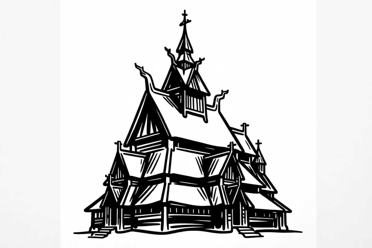 A traditional Norwegian stave church with dark wooden spires.