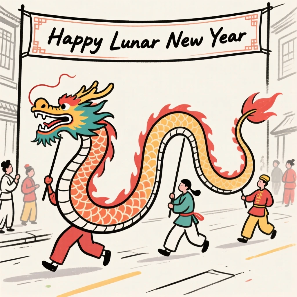 A Lunar New Year parade with a colorful dragon dance in the street.