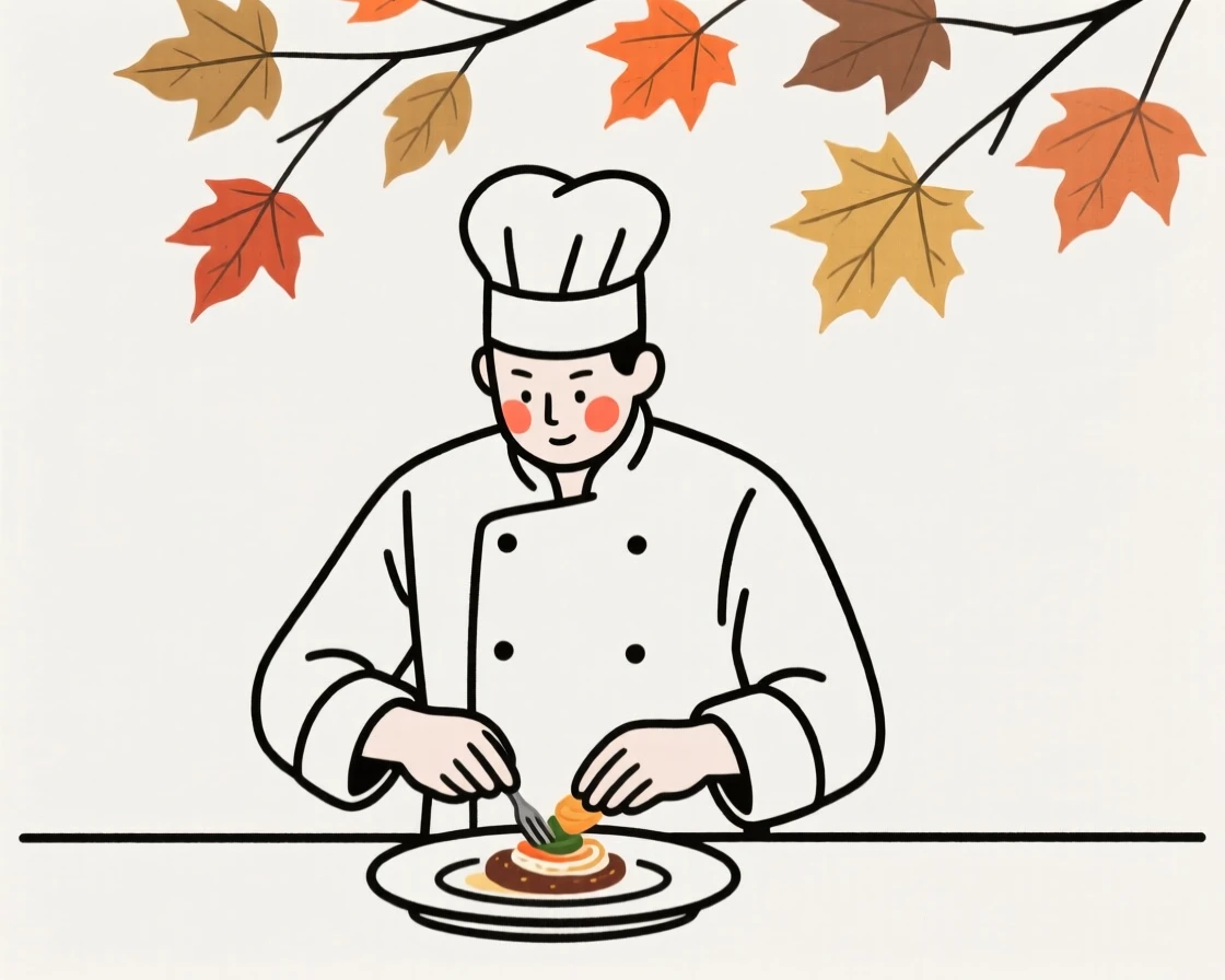 A chef of italian heritage plating a dish, lost in quiet contemplation, under a canopy of autumn leaves.