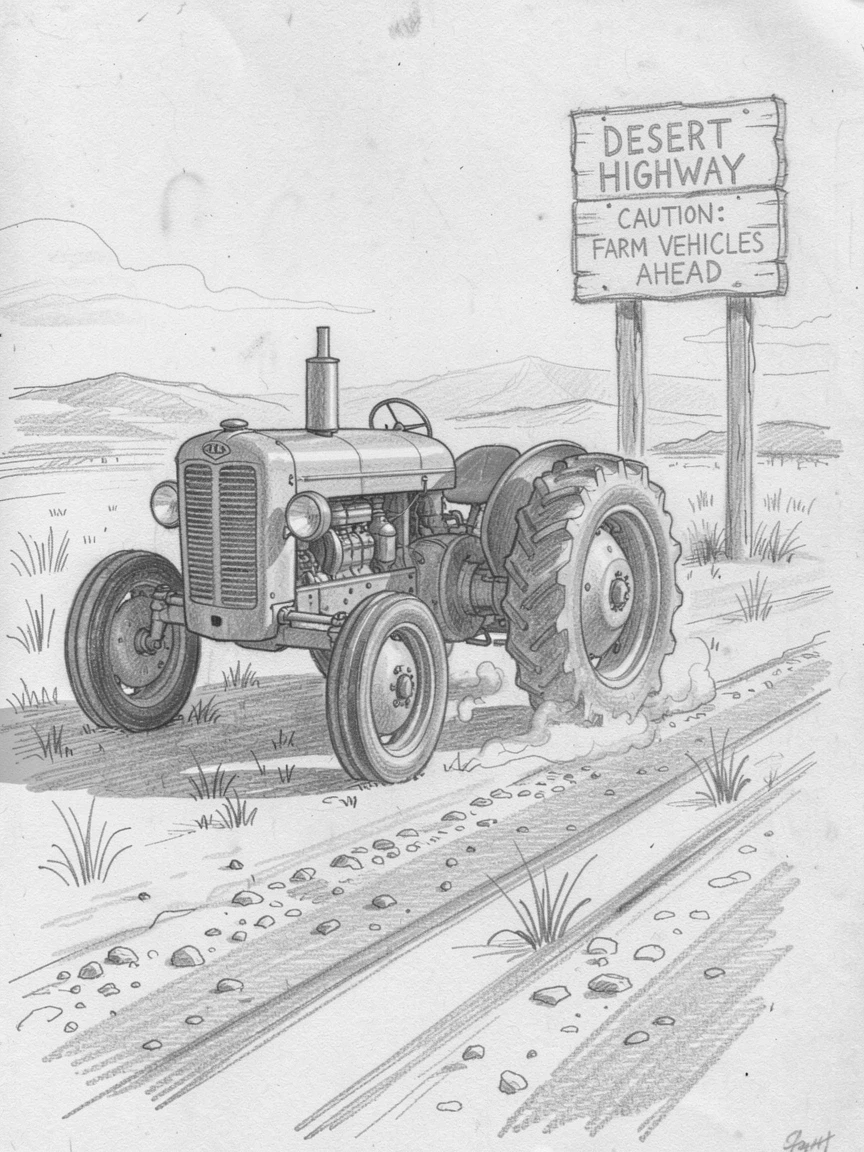 An eye-catching view of a restored vintage tractor in a farm field on a dusty desert highway, with warm evening light glowing across its surface.